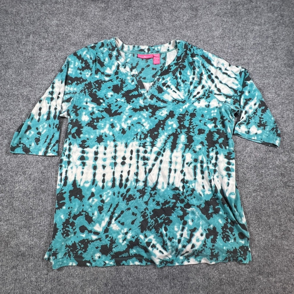 Woman Within Tunic Top Womens 3X Plus Multicolor Tie Dye Split Neck 3/4 Sleeve